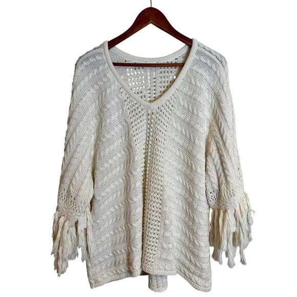 CAbi Fiesta Cream Fringe Sleeve Loose Knit Poncho Style 5803 Medium - Picture 3 of 6
